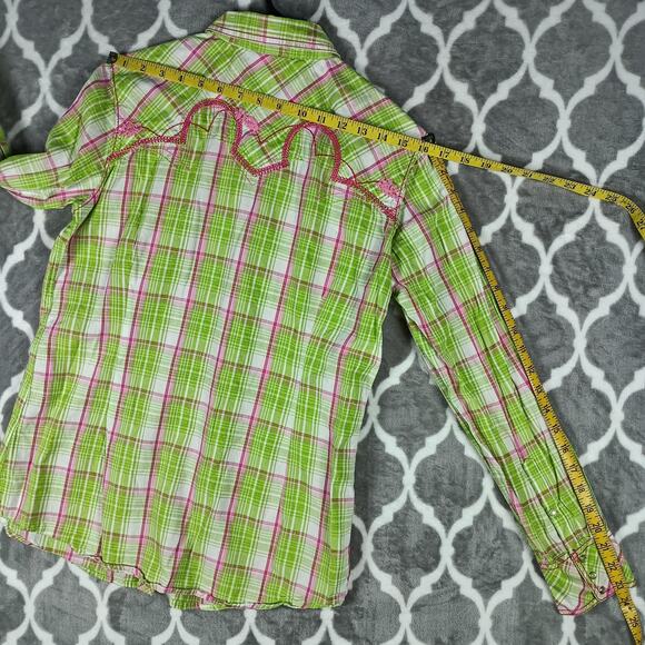 Ariat Shirt Womens Large Green Pink Plaid Fitted Western Pearl Snap Embroidered - Picture 9 of 14